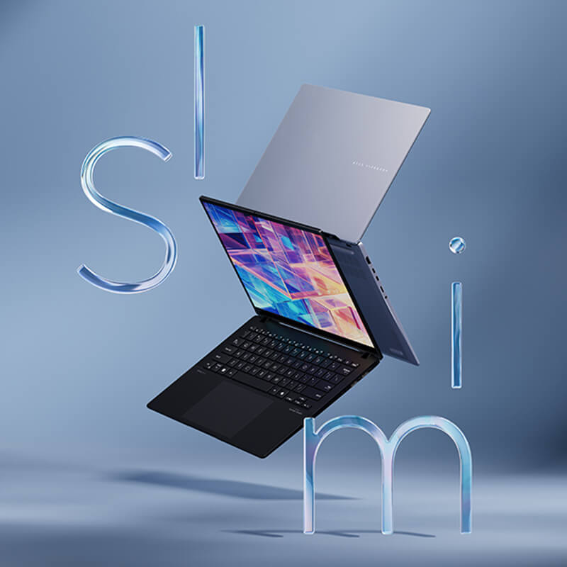Two ASUS Vivobook S 14 OLED laptops floating in the air. There is a translucent thin ribbon material on the back of two laptops that says “Slim” along with an Evo badge by its side.