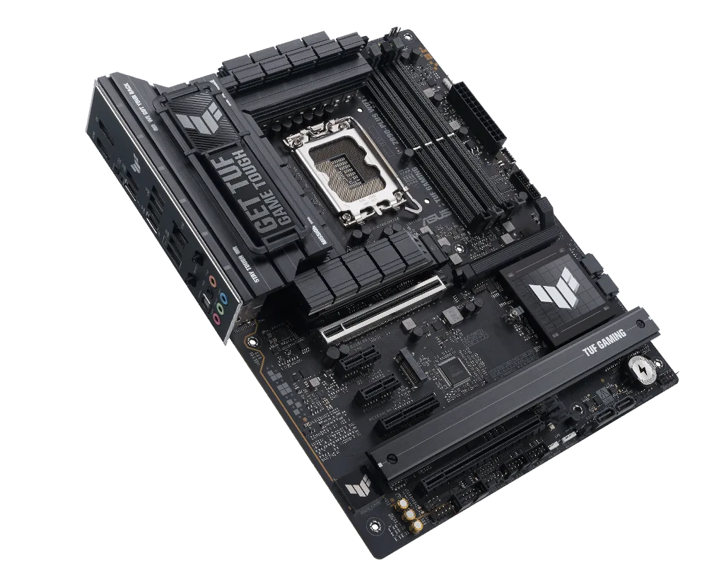 Vista frontal de la placa base TUF Gaming, 45 grados