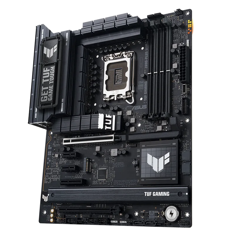 Vista frontal de la placa base TUF Gaming, 60 grados, con iluminación Aura
